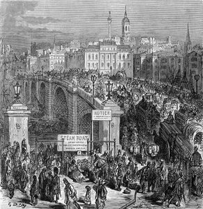 ステファン・パンネメーカーによって刻まれたロンドン橋、1875 作： Gustave Dore